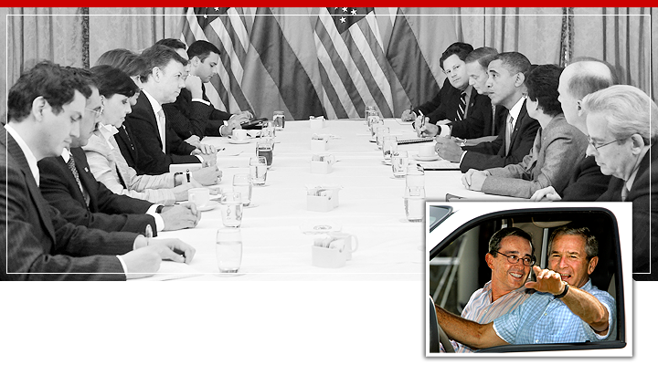 Juan Manuel Santos, Presidente de Colombia, y Barack Obama, Presidente de EE.UU., reunidos con sus respectivas comitivas.